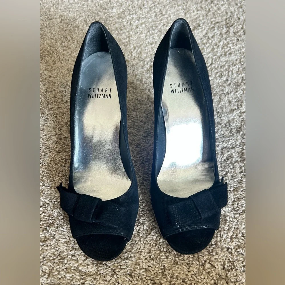 Stuart Weitzman Vampy Coquette Bowover Black Sparkle‎ Peep Toe SZ 6